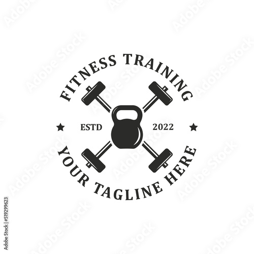 fitness training logo design badge vector with kettle bell and lighting vector illustration , best for fitness training logo brand template