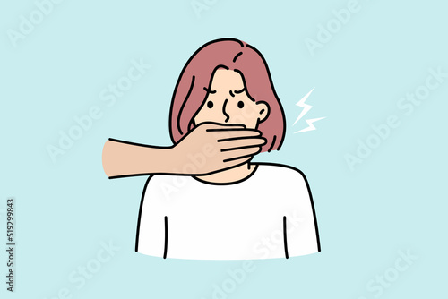 Hands cover woman mouth prohibit to speak. Concept of censorship and restrictions on freedom of speech. Vector illustration. 