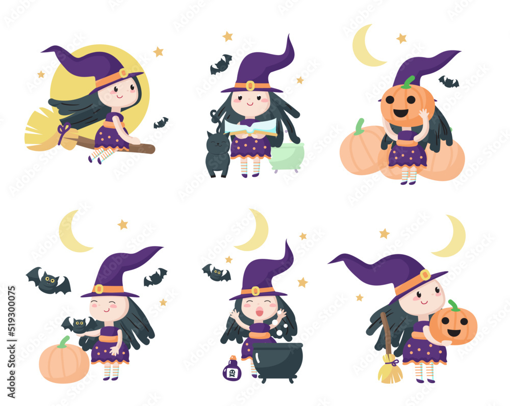 Cute Halloween cartoon witches isolated vector set