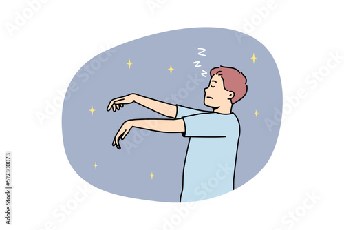Man in pyjama sleepwalking at night. Young male asleep in pajama walking in sleep. Vector illustration. 