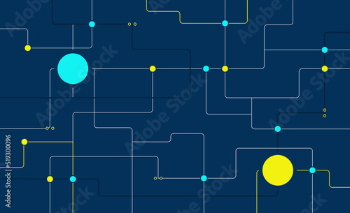 Technology circuit board system connected dots and lines background template. Blockchain linked global digital database graphic vector
