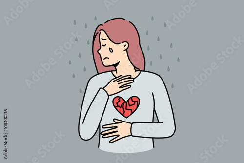 Sad woman with broken heart crying suffer from breakup or separation. Upset girl feel distressed depressed after divorce. Love relationship over. Vector illustration. 