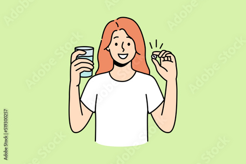Happy young woman standing with glass of water take daily dose of vitamins. Happy girl take painkiller or antidepressant. Medication and drugs. Vector illustration. 