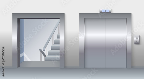 Lift door and stairs in lobby realistic vector