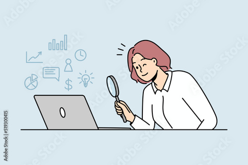 Woman looking at laptop screen with magnifying glass exploring online perspectives and opportunities. Female use magnifier discover options on internet on computer. 