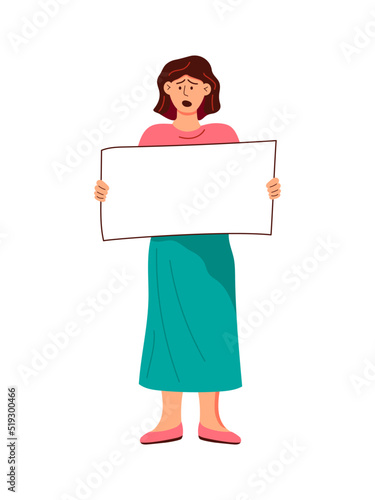 Female person is holding banner for text. Vector illustration on white background.