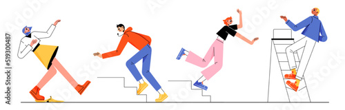 Falling people, clumsy male and female characters fall down from stairs, stumble, slipping on banana peel. Accident, injury, danger, risk, bad luck, misfortune Linear cartoon flat vector illustration