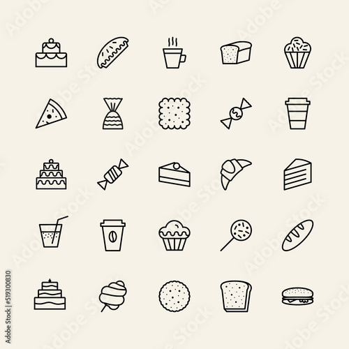 bakery simple icons set line style black color isolated on background with cake and dessert for logo, confectionery store, bakery shop, cafe, restaurant, sweet pattern, packaging paper. vector 10 eps