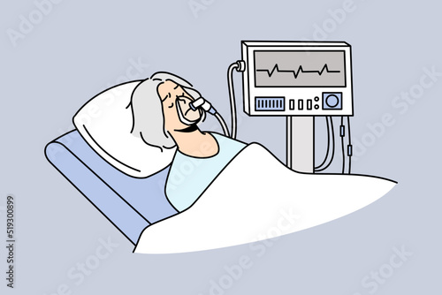 Old woman in mask lying under ventilator in hospital. Mature patient breathing with ventilating machine. ICU hospital intensive. Vector illustration. 