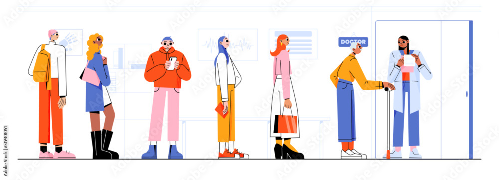 People queue in clinic hall, characters waiting in line for medical appointment. Doctor invite patients to cabinet, young and senior characters in hospital lobby, Line art flat vector illustration People queue in clinic hall, characters waiting in line for medical appointment. Doctor invite patients to cabinet, young and senior characters in hospital lobby, Line art flat vector illustration