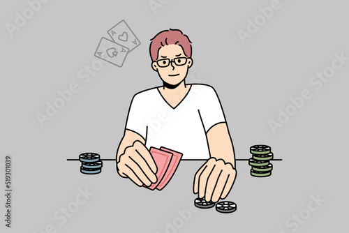 Young man playing poker. Male gamer engaged in gambling enjoy card game at table. Vector illustration. 