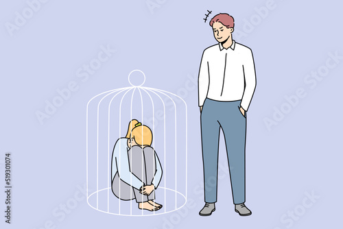 Authoritarian man lock woman in cage. Wife suffer from domestic violence and no rights. Toxic relationships concept. Vector illustration. 