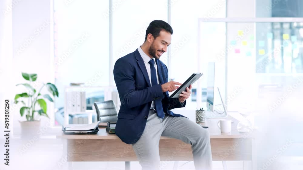 Finance analyst checking digital tablet while predicting business financial profit or loss and plan strategy in office. Smiling and successful man scrolling and analysing progress data on technology Finance analyst checking digital tablet while predicting business financial profit or loss and plan strategy in office. Smiling and successful man scrolling and analysing progress data on technology