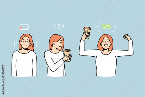 Woman before and after drinking coffee. Female get energy from hot espresso. Active life and caffeine refreshment. Vector illustration. 