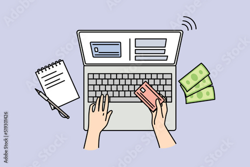 Closeup of person shopping online on laptop paying with credit card. Client make internet payment on computer. Web banking concept. Vector illustration. 