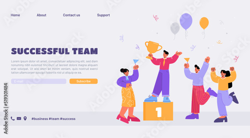 Successful team landing page. Business people celebrate success, leader with golden cup on top of pedestal. Characters teamwork victory, career growth, challenge, Line art flat vector web banner