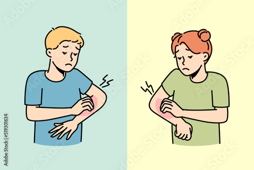 Small kids scratch arms suffer from seasonal allergy outdoors. Children feel itchy struggle with dermatitis or insect bite. Healthcare. Vector illustration. 