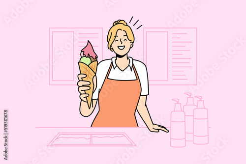 Smiling girl seller stretch hand with ice-cream from street vendor. Happy woman give frozen dessert. Commerce and small business. Vector illustration. 