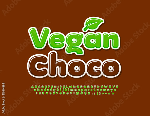 Vector creative concept Vegan Choco with decorative Leaf. Green Alphabet Letters, Numbers and Symbols set. Bright stylish Font