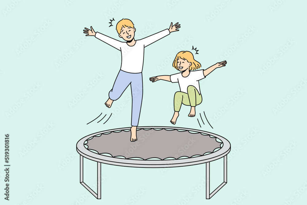 provincie Inzet traagheid Overjoyed small kids have fun jumping on trampoline outdoors. Smiling  little children enjoy playing outside involved in funny playful game.  Childhood leisure. Vector illustration. Stock Vector | Adobe Stock