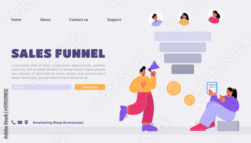 Sales funnel landing page, business characters with loudspeaker and filter. Digital marketing, lead generations strategy, buyers, conversion, rate optimization concept, Line art flat vector web banner