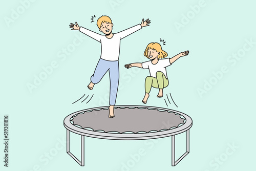 Overjoyed small kids have fun jumping on trampoline outdoors. Smiling little children enjoy playing outside involved in funny playful game. Childhood leisure. Vector illustration. 