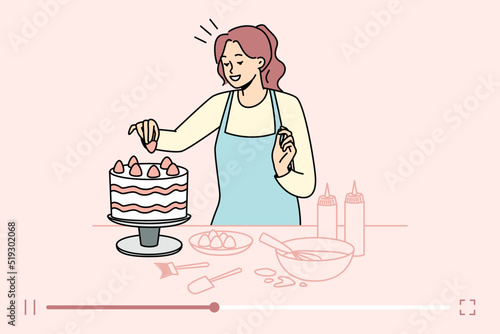 Female food blogger shooting cake recipe on online channel. Woman vlogger make live stream of dessert baking. Homemade bakery. Vector illustration. 