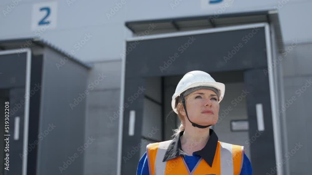 Woman engineer stands against loading docks of large warehouse looking around. Lady in white helmet inspects storage complex closeup slow motion