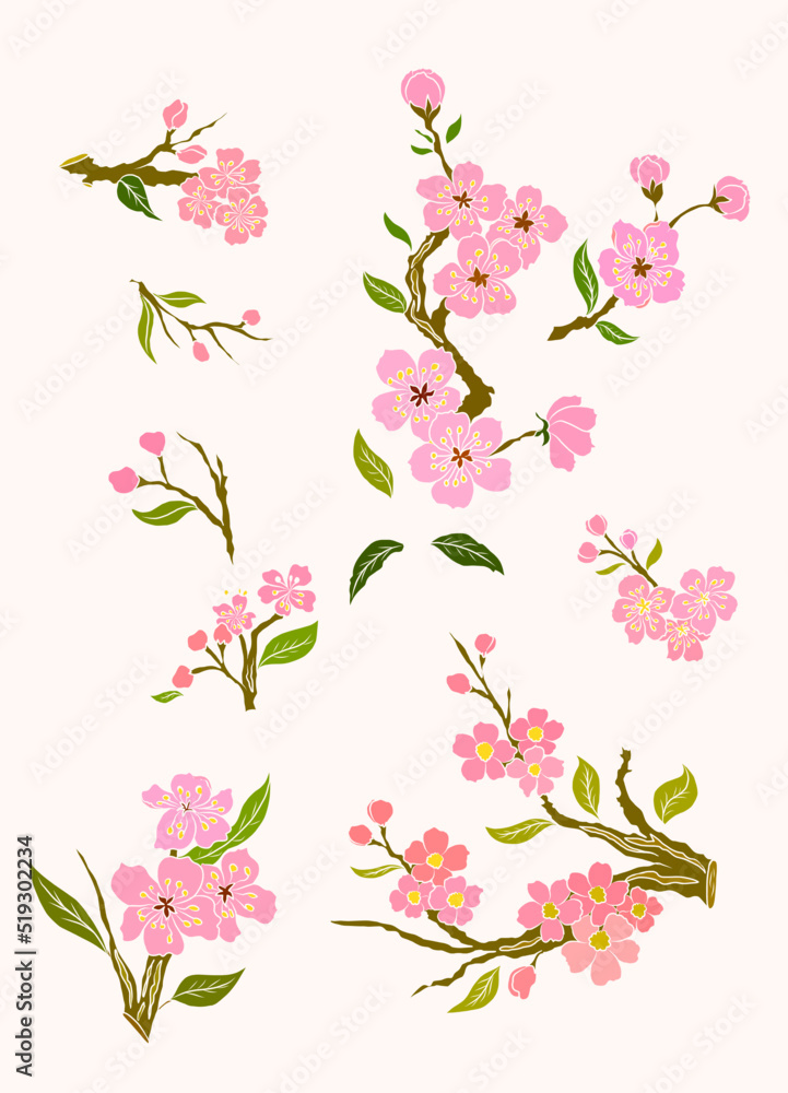 Free hand Sakura flower vector set, Beautiful line art Peach blossom isolate on white background.Branch of cherry blossom for printing on wallpapers and sticker.Japanese flower.Golden line art. Free hand Sakura flower vector set, Beautiful line art Peach blossom isolate on white background.Branch of cherry blossom for printing on wallpapers and sticker.Japanese flower.Golden line art.