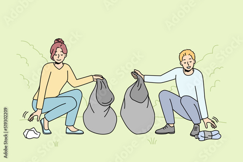 Man and woman pick up trash on street care about nature and environment. Couple volunteers or activist clean outdoors from garbage. Environmental conservation. Vector illustration. 
