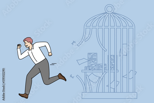 Happy businessman escape cage with paperwork quit office job. Excited male employee run from job imprisonment. Toxic workplace. Vector illustration. 