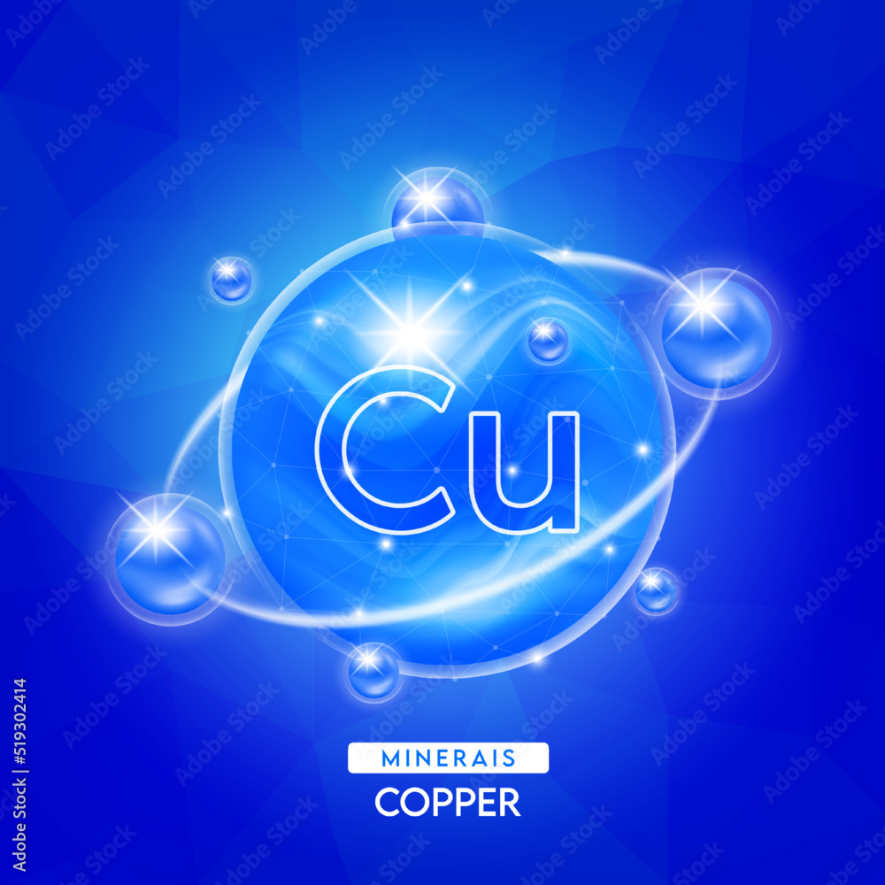 Minerals copper and vitamins complex for health. Capsule minerals blue for nutrition products food and drug. Scientific research medical concept. Isolated 3D Vector EPS10 illustration.