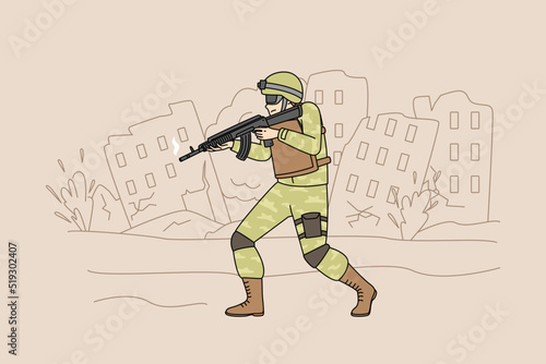 Soldier in uniform with gun walking destroyed city protecting land. Warrior on military service at war. Serviceman at front. Vector illustration. 