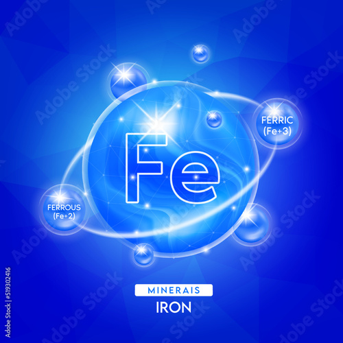 Minerals Iron ferrous (FE+2), ferric (Fe+3) and Vitamins complex for health. Capsule minerals blue for nutrition products food and drug. Scientific research medical concept. 3D Vector EPS10.