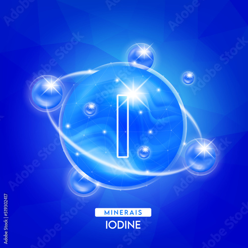 Minerals iodine and vitamins complex for health. Capsule minerals blue for nutrition products food and drug. Scientific research medical concept. Isolated 3D Vector EPS10 illustration.
