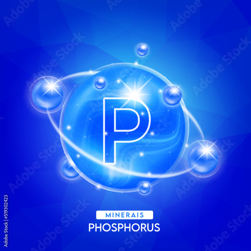 Minerals phosphorus and vitamins complex for health. Capsule minerals blue for nutrition products food and drug. Scientific research medical concept. Isolated 3D Vector EPS10 illustration.