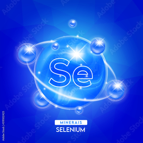 Minerals selenium and vitamins complex for health. Capsule minerals blue for nutrition products food and drug. Scientific research medical concept. Isolated 3D Vector EPS10 illustration.