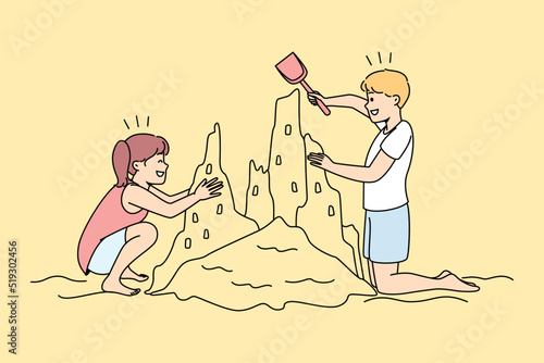 Happy kids building sand castle on beach. Smiling children have fun playing on seashore on summer vacation. Vector illustration. 