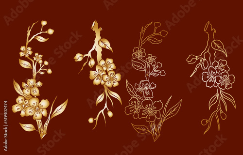 Free hand Sakura flower vector set, Beautiful line art Peach blossom isolate on white background.Branch of cherry blossom for printing on wallpapers and sticker.Japanese flower.Golden line art.