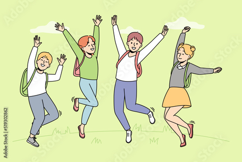 Happy children with backpacks jumping having fun outdoors. Smiling kids enjoy school vacation. Childhood leisure concept. Vector illustration. 