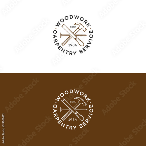 Set of woodwork logo with hammer and nail isolated on background for carpentry service, wood master and sawmill service. Stamp, banner. Wood work and manufacture template. Vector illustration