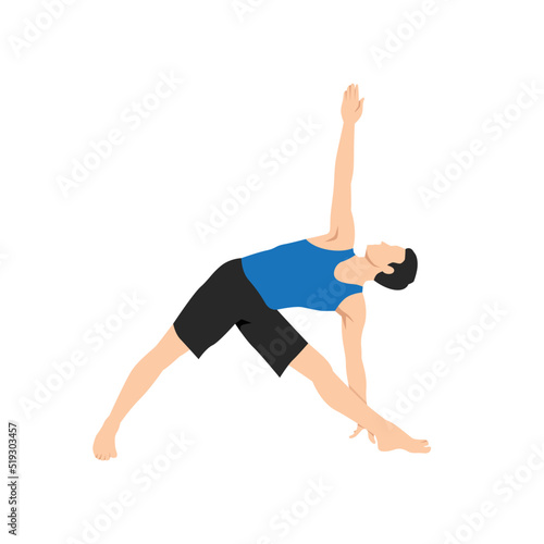 Man doing Revolved Triangle Yoga Pose. Parivrtta Trikonasana. Flat vector illustration isolated on white background
