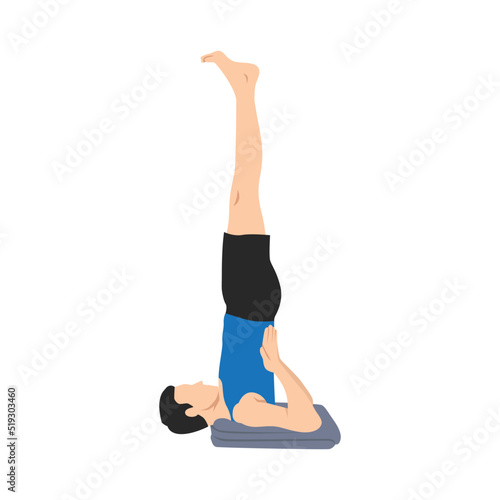 Man doing shoulder stand pose salami sarvangasana exercise. Flat vector illustration isolated on white background