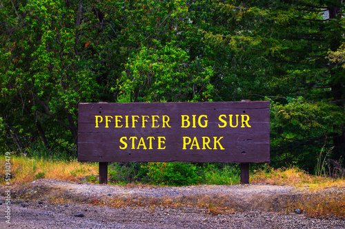 Welcome sign at the entrance to Pfeiffer Big Sur State Park in California photo