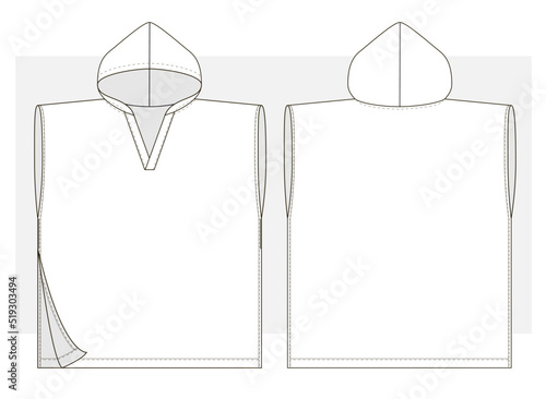 Kid towel with hood and collar strap technical sketch. Vector illustration.