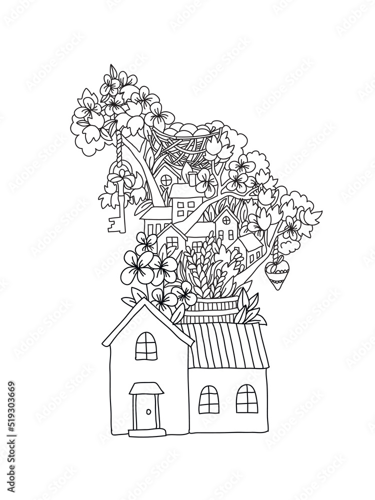 Vector illustration of a flowering house coloring page.