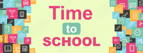 vector time to school banner with colorful style education supplies such us bag, bus, book, phone, pen, chalckboard on checkered background for poster, party, super sale offer. Illustration 10 eps