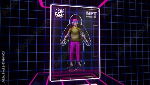 Looped presentation of NFT Ape avatar. NFT 3d bored ape in plastic box neon background. Digital art loop. In-game character for metaverse. Non-fungible Token.