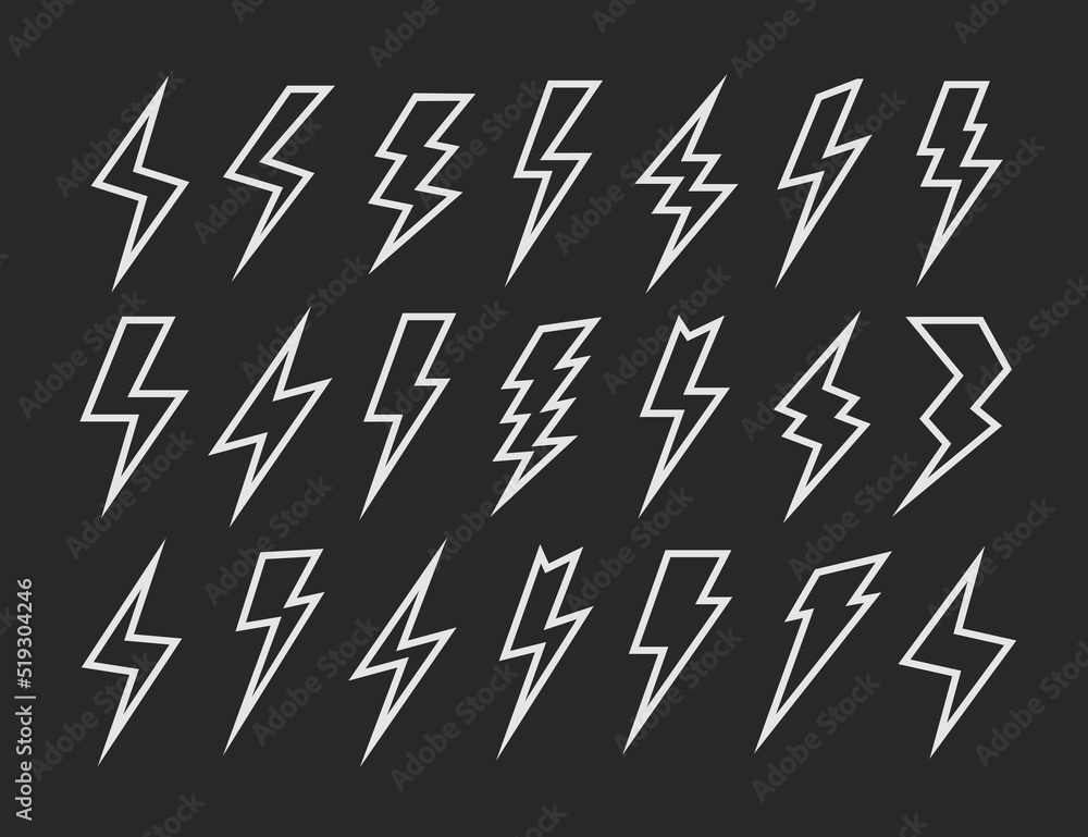 Electric lightning bold vector symbol set line style isolated on white background for electric power logo, poster, t shirt. Thunder icon. Storm pictogram. Flash light sign. 10 eps Electric lightning bold vector symbol set line style isolated on white background for electric power logo, poster, t shirt. Thunder icon. Storm pictogram. Flash light sign. 10 eps