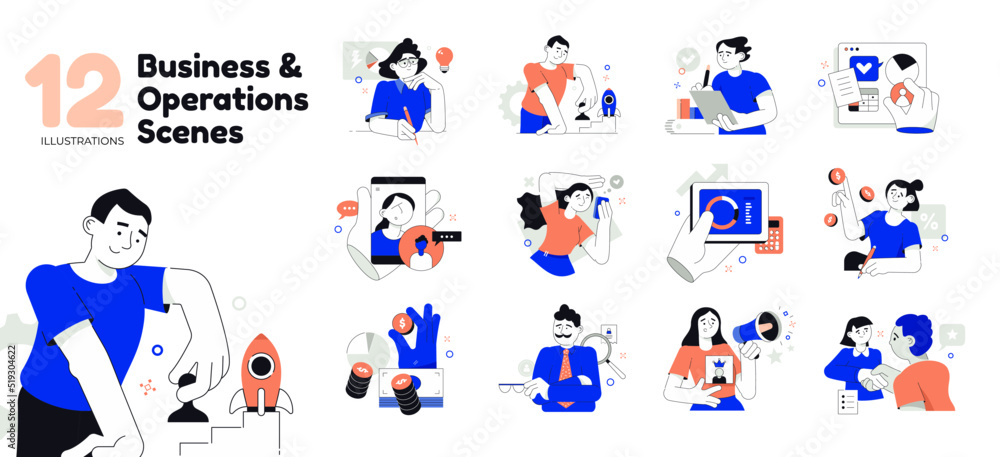 12 business and operations concepts. Collection of vector illustrations with people in different business activities 12 business and operations concepts. Collection of vector illustrations with people in different business activities